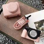 Prabangus PU odos dėklas fotoaparatui Canon PowerShot G7X Mark II III G7X2 G7X3 G7XII G7XIII Su baterijos atidarymu Pilnas dangtelis Su dirželiu rožinė