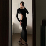 Seksuali, apvalia kaklą apvalia kaklą didele suknele moterims ilgomis rankovėmis auk&scaron;tu juosmeniu, klubo vakarėliui siauros suknelės, juodos eleganti&scaron;kos S juoda