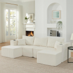 3 vietų modulinė kampinė sofa, su kilnojamais pufais, mink&scaron;tu veliūro audiniu, puodelių laikikliu, svetainei, vie&scaron;bučiams ir nuomojamiems butams, smėlio spalvos smėlis