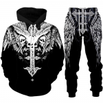 &bdquo;Gothic Skull Tattoo&ldquo; 3D spausdintas gobtuvas / sportinis kostiumas, madingas vyri&scaron;kas motociklo dviratininko sportinės aprangos rinkinys Puikus grafinis megztinis + kelnių kostiumas