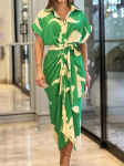 Eleganti&scaron;ka žalia suknelė, moteri&scaron;ka meno spauda, ​​atvartas trumpomis rankovėmis, vienos eilės mygtukas, suri&scaron;amas klostuoto dizaino mar&scaron;kiniai, moteri&scaron;kos S žalia