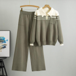 Didelio dydžio moteri&scaron;kas pavasarinis dryžuotas megztinis Naujas laisvas, laisvalaikio mezgimo plačios kelnės dviejų dalių rinkinys One Size