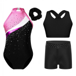 Mergaičių gimnastikos kostiumo rinkinys su berankove leotard liemene, &scaron;ortais, juosmens juosta ir plaukų juostele 5-6 Years rožinė