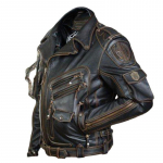 Retro &bdquo;Ghost Knight&ldquo; tas pats motociklas, kelių užtrauktukų striukė, atvartas, didelis, storas vyras dainininkės pasirodymas, odinis paltas, vyri&scaron;kas M
