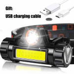 USB įkraunamas LED priekinis žibintas Galingas COB priekinio žibinto priekinio žibinto žibintuvėlis Vandeniui atsparus žibintas su 1200 mAh įmontuota baterija juoda