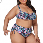 2 vnt/komplektas Moteri&scaron;kas bikinis su gėlių ra&scaron;tais, reguliuojami spagečių dirželiai didelio dydžio maudymosi kostiumėliu su auk&scaron;tu juosmeniu L