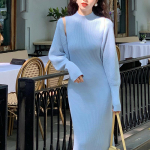 Moteri&scaron;ka žieminė 2 pakelių ilga Bodycon megztinė suknelė, modelio kaklo megztas megztinis one size mėlyna