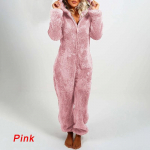 Moterų mados kostiumas ilgomis rankovėmis su gobtuvu dirbtinio kailio kombinezonas žiemai, &scaron;iltas užtrauktukas Vienspalvis mielas me&scaron;kiukas, poilsio apranga Moteri&scaron;ka miegui skirta apranga suaugusiems M rožinė