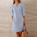 Moteri&scaron;ka didelė laisva, vientisa medvilninė lininė suknelė su apvaliu kaklu trumpomis rankovėmis su ki&scaron;eninėmis sagomis XL