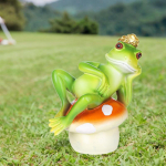 Green Frog Sitting on Mushroom Statue Garden Decoration Collectible Lovely Resin Sculpture for Pool 8.5x7x10cm