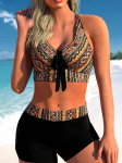 Naujas vasaros auk&scaron;to elastingumo bikinio rinkinys Vintage Print dviejų dalių Seksualus moteri&scaron;kas suvarstomas paplūdimio maudymosi kostiumėlis S-5XL S ruda
