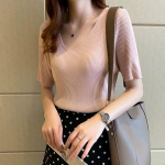 Vasariniai trumpomis rankovėmis solidūs moteri&scaron;ki mar&scaron;kinėliai Laisvi V formos i&scaron;kirptė ledinio &scaron;ilko megzti mar&scaron;kinėliai moteri&scaron;ki eleganti&scaron;ki madingi paprasti moteri&scaron;ki mar&scaron;kinėliai 24989 One Size balta