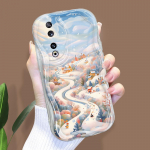 Mielas animacinių filmų ra&scaron;tų kreminės tekstūros korpusas, banguotas kra&scaron;tas, mink&scaron;tas silikoninis dangtelis telefono dėklas, skirtas Huawei Honor Infinix Tecno iPhone Infinix Note 40 Pro 4G balta