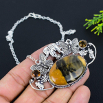 Wood Jasper, Citrine 925 Sterling Silver Jewelry Necklace 18 q3m92