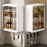 Beklijuojama vonios lentyna ir spintelė - Sieninis organizatorius vonios reikmenims, makiažui, odos priežiūrai su 2 durelėmis, 32 x 40,5 x 13 cm (Balta, 3 sluoksnių)