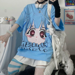 Japonijos mergaičių anime marginti mar&scaron;kinėliai vasariniai mėlyni mieli Y2k vir&scaron;utiniai moteri&scaron;ki drabužiai, dvimačiai gatvės apranga Kawaii vir&scaron;utiniai mar&scaron;kinėliai XL