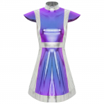 Moteri&scaron;kas kosminio kovotojo kostiumas su auk&scaron;tu kaklu, trumpomis rankovėmis, metalizuota blizgi kontrastinga suknelė, ateivio persirengimas S