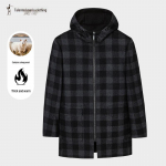 Men's Mid-Length Wool Blend Hooded Plaid Padded Coat L / 48