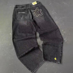 Vintažiniai mėlyni mai&scaron;eliai džinsai auk&scaron;tu juosmeniu Streetwear džinsai Y2K vyri&scaron;kos kelnės Harajuku hip-hop raidėmis siuvinėti plačios kelnės plius dydis L juoda