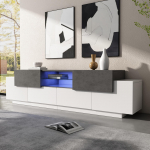 LED televizoriaus spintelė, TV pramogų centras su stiklinėmis lentynomis, žaidimų medijos spintelė 80/75/70/65/55 colių televizoriams, Balta+Pilka 180 x 40 x 45 cm