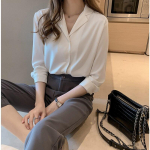 Balti mar&scaron;kiniai Moteri&scaron;ki laisvi &scaron;ifoniniai mar&scaron;kiniai ilgomis rankovėmis užsegami mar&scaron;kiniai palaidinė Moteri&scaron;ka apykaklė OL Style Blusas Ropa De Mujer M žalia