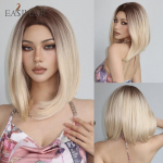 EASIHAIR Platinum Blonde Ombre Straight Short Bob Perukai Sintetiniai natūralūs perukai moterims Cosplay Party Naudojamas kar&scaron;čiui atsparus pluo&scaron;tas