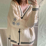 Pra&scaron;matnus Vintage Star Print megztas megztinis Preppy mielas mygtukas auk&scaron;tyn V kaklo paltas ilgomis rankovėmis rudeninis Y2K estetinis retro megztinis