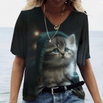 Moteri&scaron;ki mar&scaron;kinėliai Kawaii Cat Print 3D mar&scaron;kinėliai Top mergaičių Y2k drabužiai Vasariniai trumpomis rankovėmis mar&scaron;kinėliai V formos i&scaron;kirpte, laisvalaikio atostogų moteri&scaron;ki mar&scaron;kinėliai 3XL