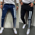 Vyri&scaron;ki plė&scaron;yti elastiniai džinsai dryžuotos raidės margintos Pantalones hip-hop džinsinės kelnės L juoda