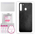 apgo Protective Skin Sticker for the back compatible with Samsung Galaxy A21, Wrap Film, Foil, Vinyl - Pattern Black Leather