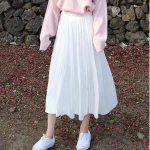 Spring Summer Women Skirts Fashion Female Solid Vintage Elastic High Waist Loose Casual Midi Chiffon Skirts A-line Pleated Skirt