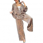 2 vnt./komplektas Moteri&scaron;ki mar&scaron;kiniai kelnių rinkinys Leopardo spauda Ilgomis rankovėmis klostuotas vir&scaron;us Laisvos plačios kelnės Darbo apranga į darbą ir atgal M vyno raudonos spalvos