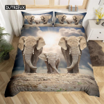 Antklodės užvalkalas 3D dramblys Afrikos safari gyvūnų paguodos rinkinys laukinės gamtos etninio stiliaus patalynės komplektas Sienų dekoras Miegamasis Moterys Vyrai Vaikai EU single(135x200cm) gray