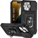 Apsauginis dėklas - BOOLING - iPhone 16 Pro Max - Atsparus smūgiams - Pasukamas stovas - Kameros apsauga juoda