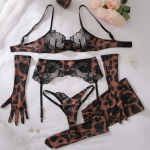 Seksualus moteri&scaron;kas liemenėlės ir kelnaičių komplektas, su leopardo ra&scaron;tu, nėrinių intarpais, madingas, patogus, 5 dalių apatinio trikotažo komplektas S juoda