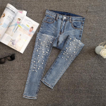Skinny Jeans Woman Deimantais siuvinėtos skylutės pie&scaron;tuko kelnės Mėlynos džinsinės apkarpytos kelnės Moteri&scaron;ki džinsai S &scaron;viesiai mėlyna spalva