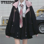 Japoni&scaron;ka kawaii juoda striukė su užtrauktuku, moteri&scaron;ka Harajuku rudens negabaritinė stilius mielas moksleivių rožinis vir&scaron;utinis drabužis S juoda