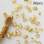36 vnt. Star Decor plaukų žiedų aksesuarai, karoliukai, plaukų pynimo žiedai, segtukai, pynimo spynos plaukams pinti metaliniais rankogaliais