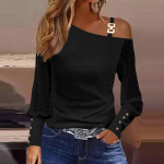 Moterų mados laisvalaikio spausdinta įstrižai apykakle nėrinių susiuvimo i&scaron; peties ilgomis rankovėmis mar&scaron;kinėlių vir&scaron;us XL balta