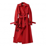 Rudens žiema moteri&scaron;kas paltas, apverčiamas, vientisos spalvos apykaklė, dvieilis su diržu, vidutinio ilgio Laisvas terminis ilgomis rankovėmis pasimatymai į darbą ir atgal XL raudona