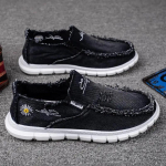 Unisex laisvalaikio žemo profilio mokasinai, džinsinis audinys su ramunių siuviniais, mink&scaron;ti patvarūs madingi drobės batai 2025 36 juoda