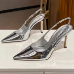 Blizgūs Auk&scaron;takulniai Slingback Moteri&scaron;ki Bateliai Metaliniai Kristaliniai Basutės Smailus Pir&scaron;tas Stiletto Kulniuku Batai Sidabriniai &Scaron;ventiniai Suknelės Batai Moteris 35