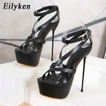 Eilyken Vasarinės Atvirais Pir&scaron;tais Platforminės Super Auk&scaron;takulnės Stiletto Basutės Moterims Sagtis Dirželis Stripperio &Scaron;ventinės Avalynės Zapatillas De Mujer 34 juoda