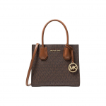 Michael Kors MK Mercer serijos Klasikinė prancūzi&scaron;ka vintažinė monograma Spalvų blokas PVC dengtas drobės akordeono rankinė Moteri&scaron;kos rankinės Ruda 35S1GM9M2B-BRN Basic Set (Bag+Dust Bag)