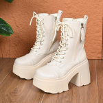 Madingos moteri&scaron;kos asmenybės briti&scaron;ko stiliaus storo pado batai su rai&scaron;teliais platforminiai ankle boots moterims odiniai PU stambiu kulnu žiemos punk goth batai 35 smėlis