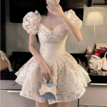 Ezgaga Suknelės Moteri&scaron;kos Gėlėtos V kaklo pūstos rankovės Korėjieti&scaron;kos mados Slin Sexy Mini Suknelė Pūsta rutulinė suknelė Fairy Ladies Elegant S smėlis