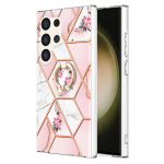 Žiedinis laikiklis Golden Border Grid marmurinės gėlės IMD itin plonas telefono dėklas, skirtas Samsung Galaxy S20,S21,S22,S23,S24,A11,A13,A14,A23,A34,A54,A53,A73,A33... Samsung Galaxy A71 5G balta