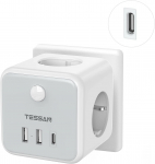 TESSAN juodas USB lizdas, standartiniai 6 in 1 Tee lizdai su 3 USB prievadais, kelių sieninių lizdų &scaron;akotuvas su jungikliu, USB įkroviklis, suderinamas su telefonu, plan&scaron;etinis kompiuteris 3 Outlets 1Type-C 2 USB A pilka spalva