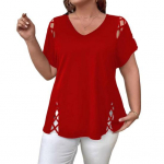 Women Summer T-shirt V-Neck Short Sleeve Solid Color Loose Fit Casual Tops with Hollow Cross-Band Design 4XL raudona