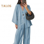 Moteri&scaron;kas medvilnės ir lino dviejų dalių komplektas ilgomis rankovėmis V formos i&scaron;kirpte sagomis užsegamas vir&scaron;us plačių kelnių kojų laisvalaikio kostiumas XXXL